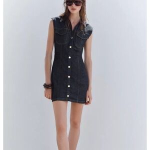Zara NWT Lapel collar denim mini dress V-neck sleeveless Size small